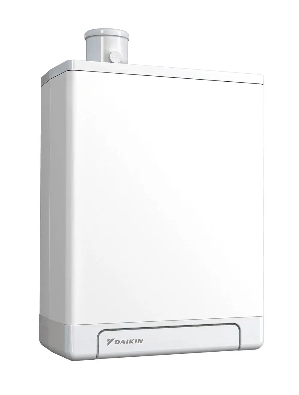 Weißer Heizkessel mit rundem Abluftrohr oben, ausgestattet mit der Daikin-Marke. Der Kessel hat eine glatte Oberfläche und rechteckige Form.